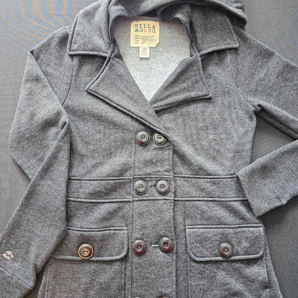 Billabong Women's Pea Coat, Double Breasted, Charcoal, M, Hooded